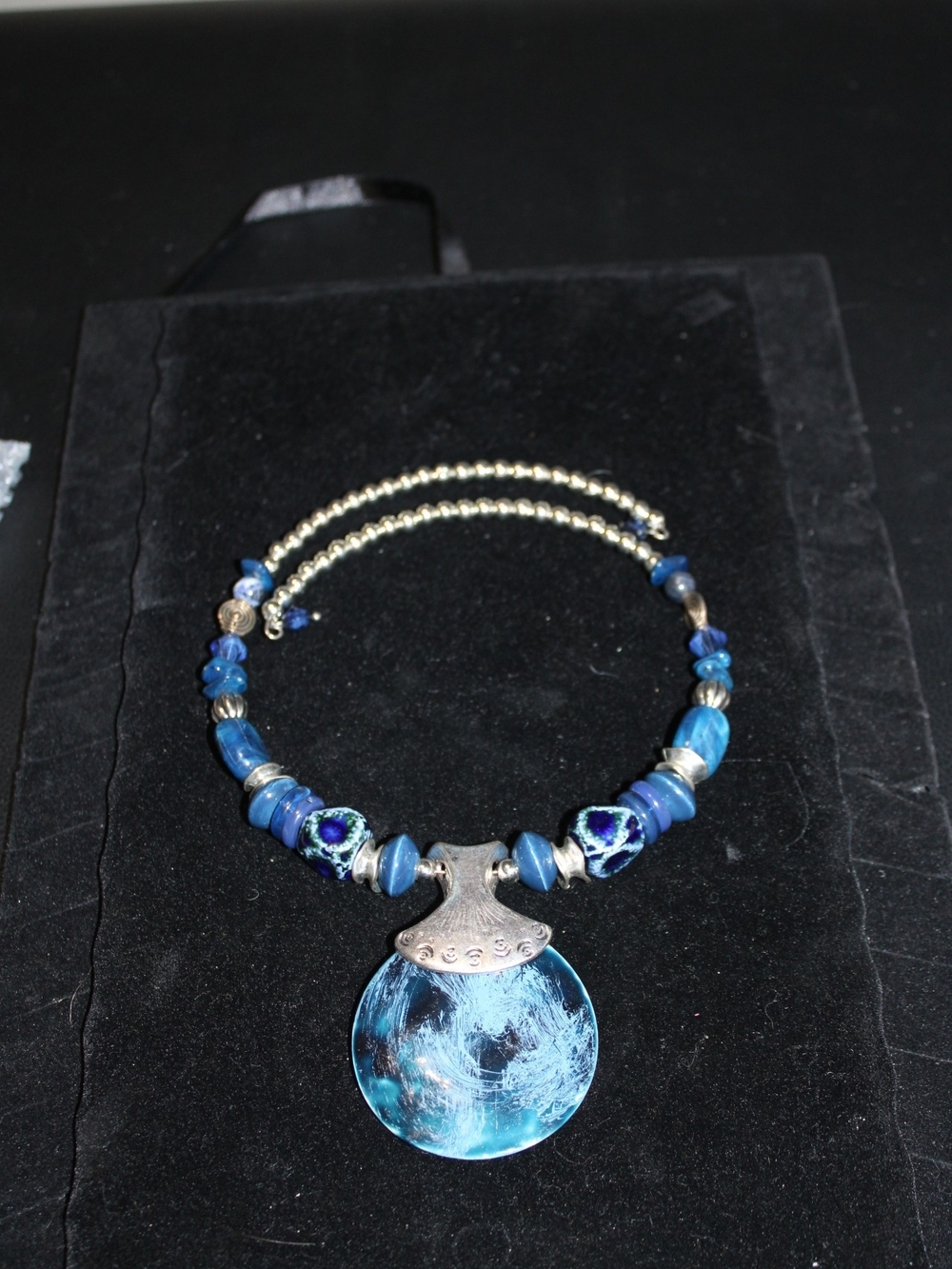 Blue Glass Pendant Necklace with Silver Accents - Women Jewelry